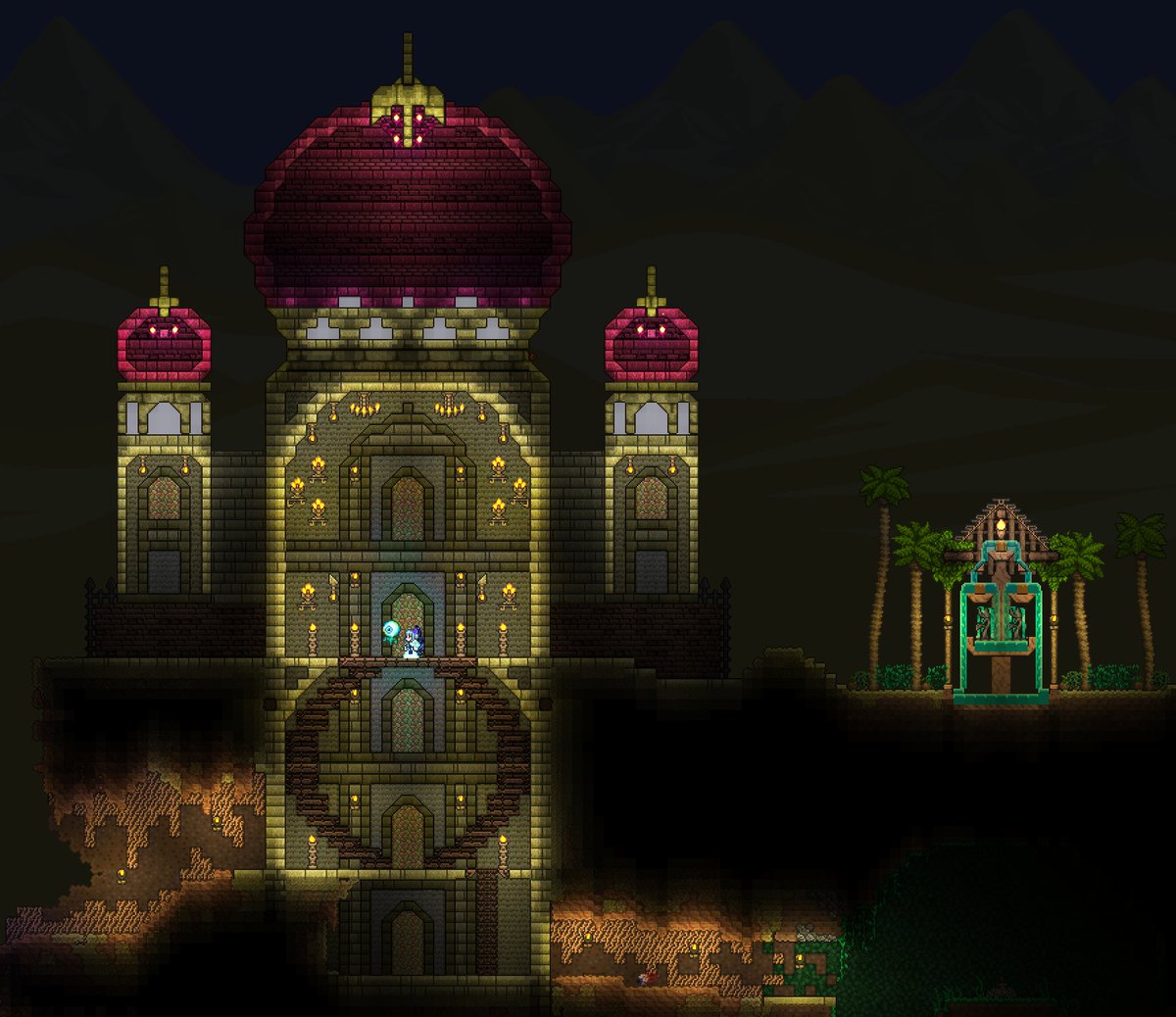 むい 日光アレルギー タージマハル風建築 一応形は整ってきた 画像だと暗いけど屋根の壁を3種類 くらい交互に張るといい感じに立体感 地下砂漠背景壁がないのでshroomite Plating壁で代用 翼廊のドームの形はもう少し修正したい Terraria T