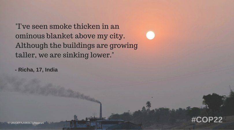 UNICEF's tweet image. Children missing school in #Delhi because of #airpollution is a wake up call. We must act now, we demand clean air #foreverychild! #COP22