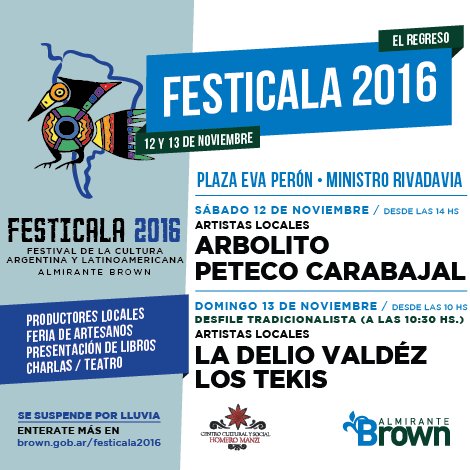 CascallaresPJ's tweet photo. Este sábado 12 y el domingo 13 los esperamos en la Plaza EvaPerón d Ministro Rivadavia para vivir juntos el regreso d #Festicala #SomosBrown https://t.co/mhJQn0cADi