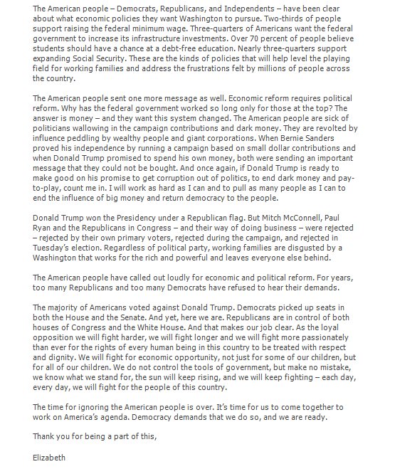 Elizabeth Warren in letter to supporters: "Democrats’ first job in this new era: We will stand up to bigotry. There is no compromise here."