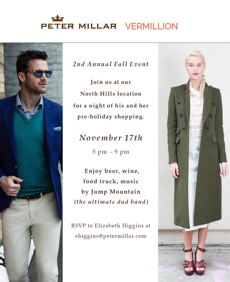 Jump Mountain plays the Peter Millar 2nd Annual Fall Event at North Hills Mall next Thur 11/17 from 5-9pm.  Come on out!