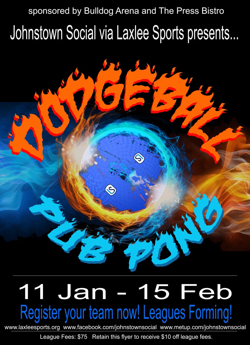 JohnstownSocial's tweet image. Johnstown Social launches Dodgeball and Pub Pong starting January 11th, 2017. Get your team ready and get registered, see the image below.