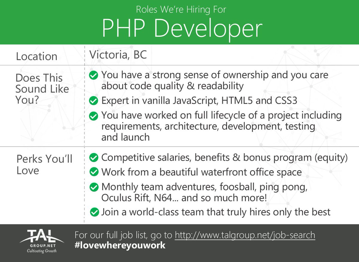 TALGroup's tweet photo. Hiring PHP Developer In Victoria, BC! Waterfront office &amp; world-class team w/ monthly adventures https://t.co/f2IiHIyEJP #PHP #Job #BC #Tech https://t.co/Jo9WtOIYQv
