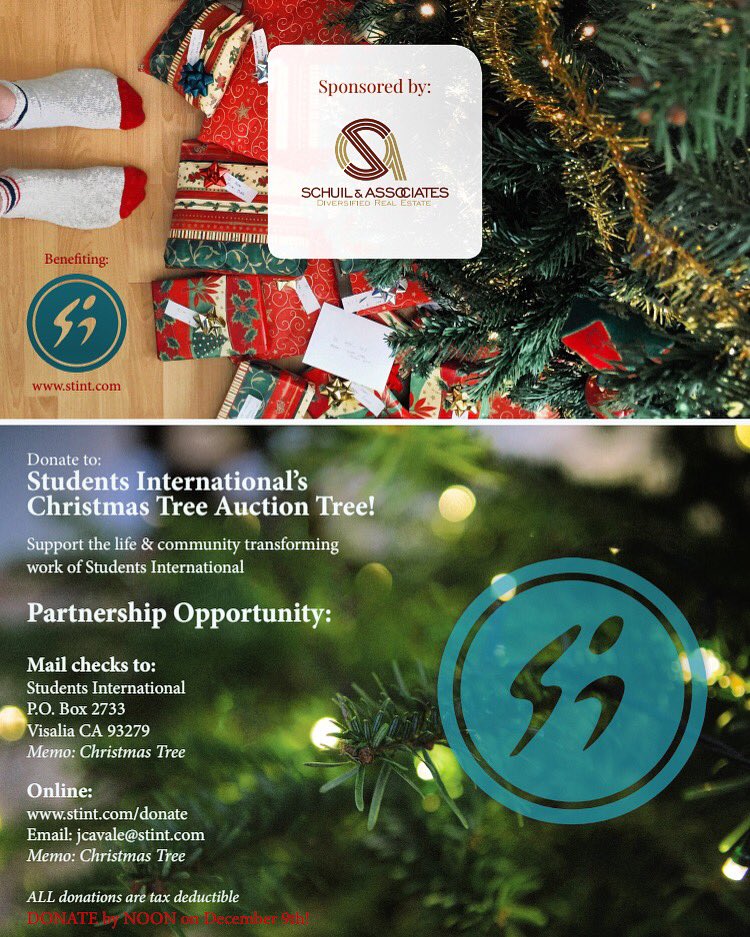 StudentsIntl's tweet photo. The @VisaliaBiz Christmas Tree Auction is coming up! You can support @StudentsIntl at https://t.co/tbQzMMg9s9! https://t.co/wgk4X9qP7A
