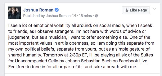 joshua_cello's tweet photo. 2:30p ET tomorrow (Friday). All of the Bach Suites, a moment to connect and breathe: https://t.co/Yt0WaO279q https://t.co/d6GinAZIpc