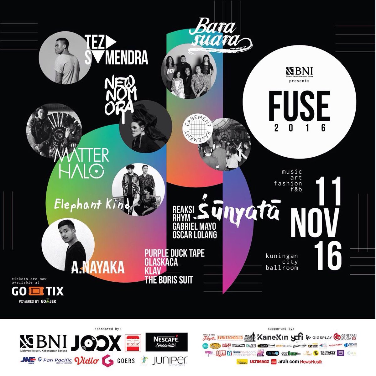 JakartaConcerts's tweet photo. TODAY'S EVENT: FUSE ft. ELEPHANT KIND, NEONOMORA, MATTER HALO, TEZA SUMENDRA, BARASUARA, etc. Kuningan City Ballroom, Jakarta. @fuse_2016 https://t.co/45BNOmUEEH