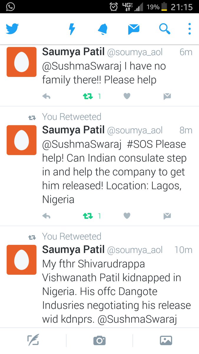 #sos Our volunteer's father has been kidnapped in Nigeria. <a href="/SushmaSwaraj/">Sushma Swaraj</a> please help asap ( cn gt Indian consulate invlvd )<a href="/PMOIndia/">PMO India</a> <a href="/SriSri/">Gurudev</a>