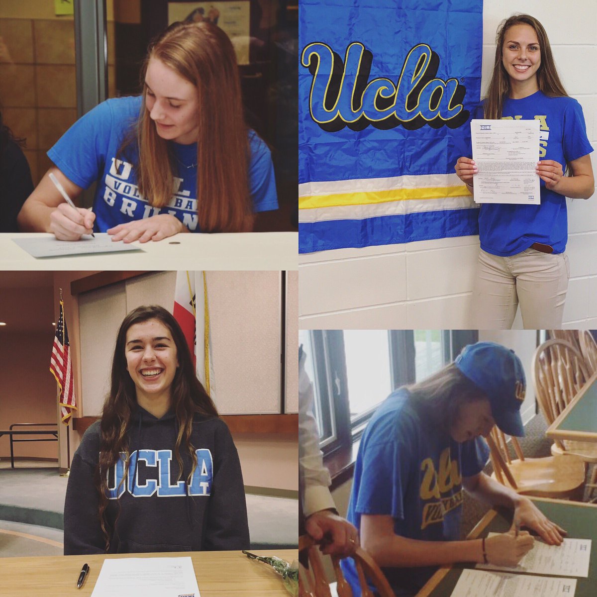 UCLAWomensVB's tweet photo. It's official! We can't wait to have our 4 signees in Westwood next year! #ImABruin #UCLASigningDay 🐻💛💙 https://t.co/F457UPu2Wi