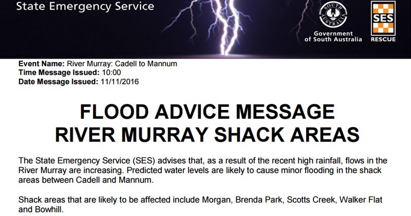 CFSTalk's tweet photo. RT @SA_SES: Flood Advice Message #RiverMurray Shack Areas #Morgan #BrendaPark #ScottsCreek #WalkerFlat & #Bowhill https://t.co/gOyW9D34mV https://t.co/IuPbIm2joj