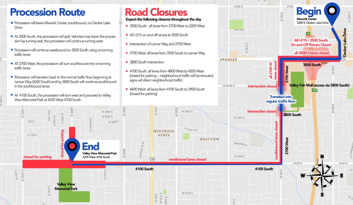 WVCPD's tweet image. Funeral plans and procession route for Officer Cody Brotherson have been announced. Please be aware of road closures. #OfficerBrotherson