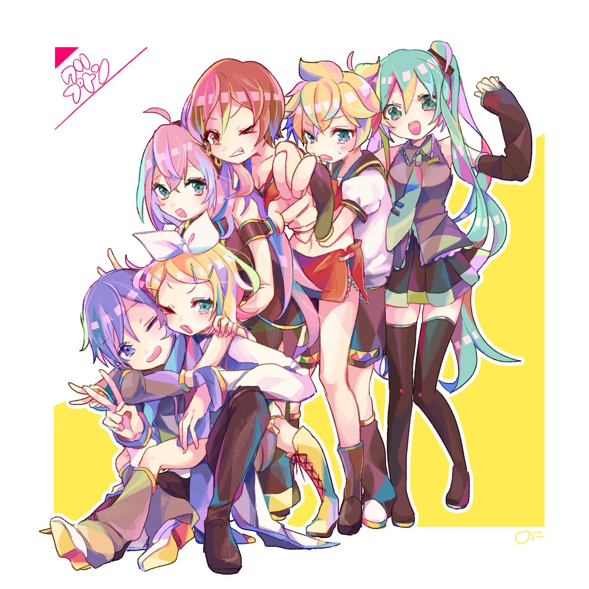 初音ミク ,鏡音レン ,鏡音リン ,カイト(ボーカロイド) ,巡音ルカ ,メイコ(VOCALOID) 「カラフルクリプトン! 」|のこだるまりんのイラスト