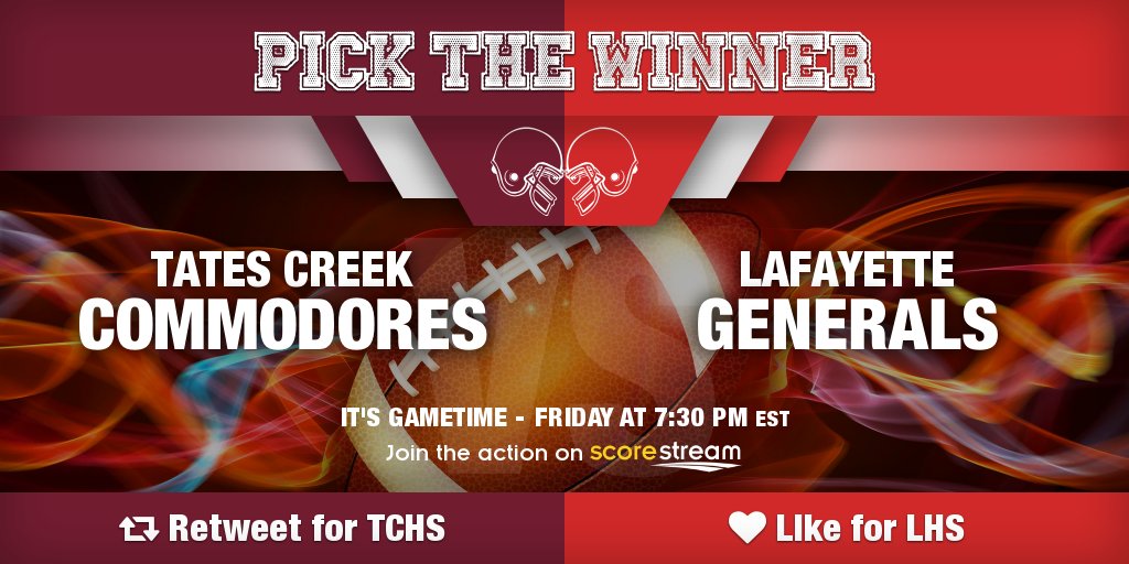 Who wins??
Retweet for Tates Creek (<a href="/TC_CommodoresFB/">Tates Creek Football</a>)
Like for Lafayette
Get the app 🏈 scorestream.com/app?rId=twg