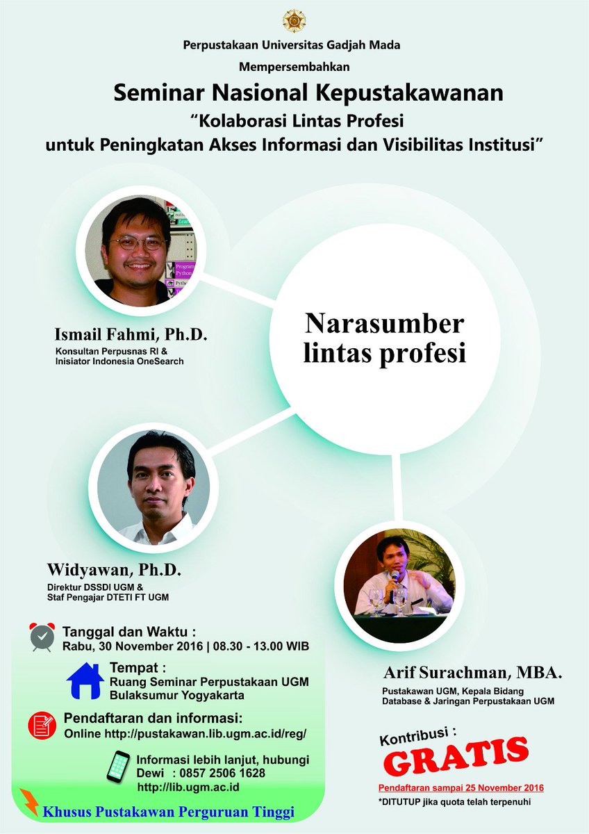 Seminar, khusus pustakawan PErguruan Tinggi. Tidak dipungut biaya
<a href="/fpptijateng/">FPPTI Jawa Tengah</a> <a href="/unsyiah_lib/">Perpustakaan Unsyiah</a> <a href="/unairlibrary/">Perpustakaan UNAIR</a> <a href="/perpus_unriyo/">Perpustakaan UNRIYO</a>