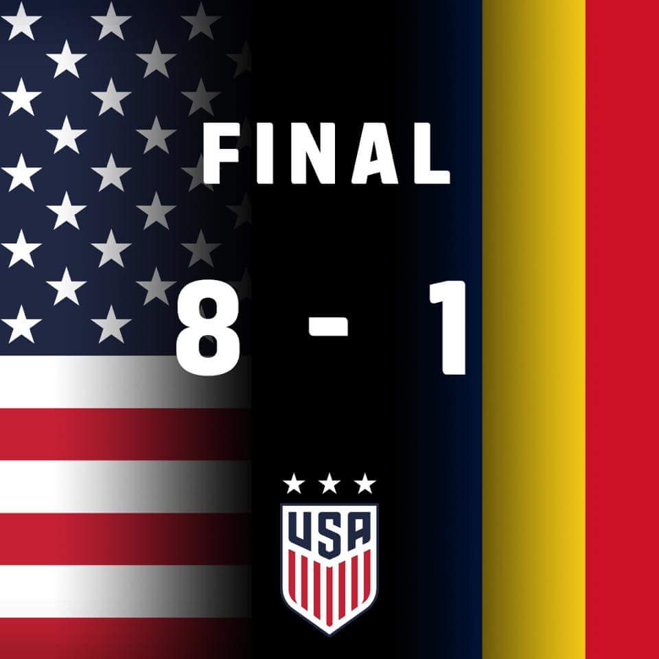 USMNT_WNT's tweet photo. Final from San Jose! Goals from Press (3), Heath, Brian, Morgan (2), Maria Ficzay (OG). #USWNT will face Romania again on 11/13 in Carson CA https://t.co/m76ZizgPgb