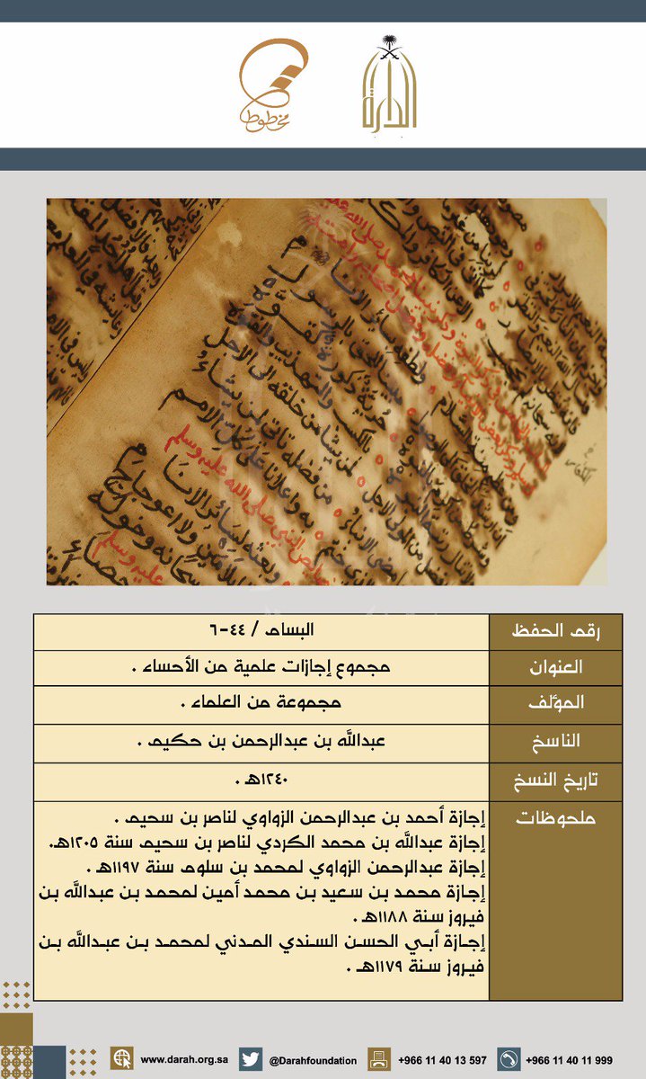 Darahfoundation's tweet photo. #مخطوطة:
العنوان : مجموع إجازات علمية من الاحساء 
المؤلف : مجموعة من العلماء
الناسخ : عبدالله بن عبدالرحمن بن حكيم
تاريخ النسخ :١٢٤٠هـ https://t.co/MvNxfilLex