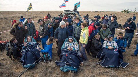 astro_andre's tweet photo. Expedition49 safely back from the International Space Station. Including my exp30 crewmate Anatoly Ivanishin. #Exp49 #ISS @roscosmos https://t.co/Iup7nqMVE8
