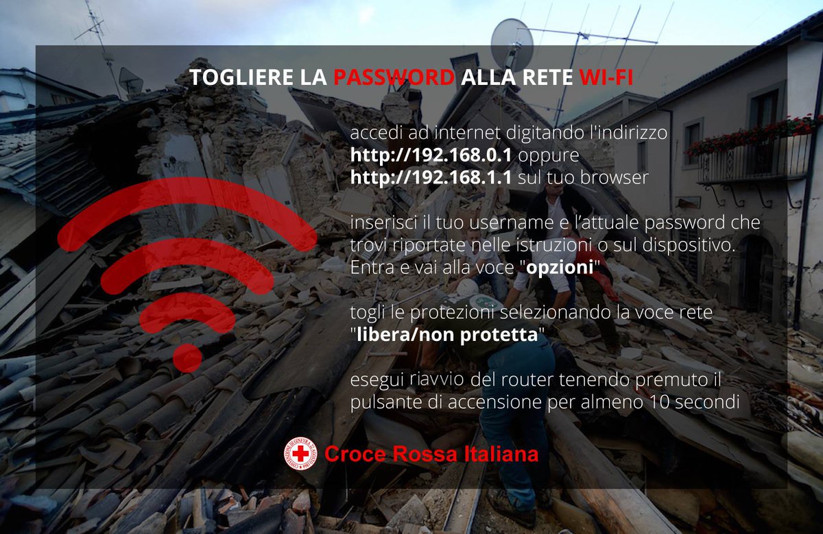 crocerossa's tweet photo. Liberare il WiFi nelle zone colpite dal #terremoto per agevolare le comunicazioni. Ecco come fare. https://t.co/DRfVUx9SVu