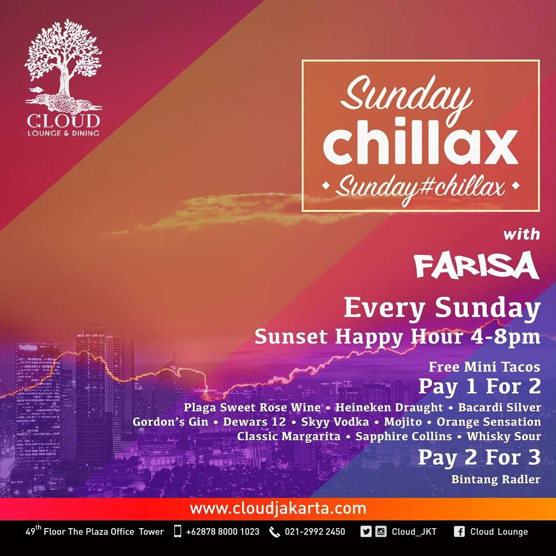 Cloud_JKT's tweet photo. #istheplace for SUNDAY CHILLAX
#freeentry

Happy Hour Drink Specials with Free Mini Tacos
Everyday 4 to 8 pm
#pay1for2 

Info 021 29922450 https://t.co/qlGQeadluq