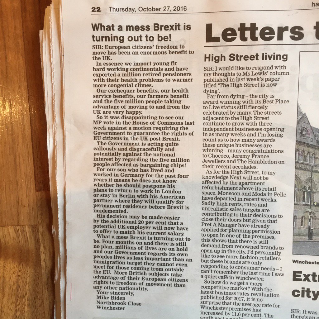 MikeBiden's tweet photo. @euromove @Open_Britain @InFactsOrg Very pleased to see my #writetoremain letter featured in local paper https://t.co/pYP04oDPBZ