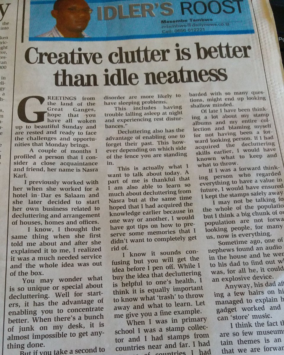 DeclutterTZ's tweet photo. An article by Masembe Tambwe of Daily News on decluttering and it has changed his life.  Give it a try! #declutter #decluttering #clutter https://t.co/JWikYUUBNu