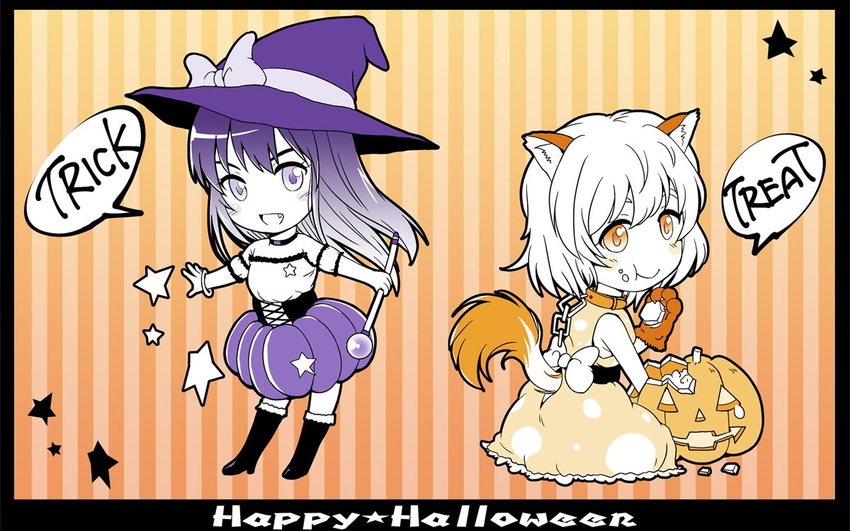 時節柄、ちょいとハロウィン向けに描いたカットを、なんちゃってポストカード風にしてみました。魔女っ娘さんと、わん娘さん。デフォルメもまた楽しいw|pixivに投稿しました ハロウィンポストカード風 #pixiv https://t.co/31NcCb7IZ4