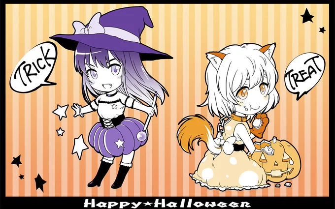 時節柄、ちょいとハロウィン向けに描いたカットを、なんちゃってポストカード風にしてみました。魔女っ娘さんと、わん娘さん。デフォルメもまた楽しいw|pixivに投稿しました ハロウィンポストカード風 #pixiv  https://t.co/31NcCb7IZ4 