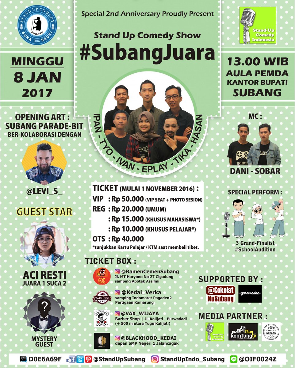 8 JANUARI! | #SUBANGJUARA w/ <a href="/LEVI_S_/">levi</a> <a href="/aciresti/">🤓</a> + Local Comic | Aula Pemda Subang | 13.00 WIB.

Info: @StandUpSUBANG