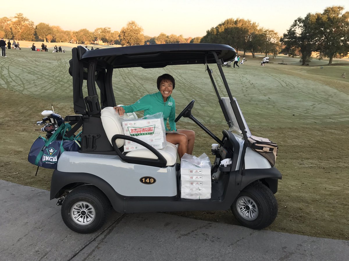uncwwomensgolf's tweet photo. Final round of the #LandfallTradition. Coach Ho ready with #KrispyKreme donuts for our #uncw student-athletes #codeteal #wingsup #seahawks https://t.co/Tj4bJWofUn