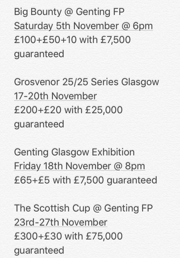 scottish_poker's tweet photo. November's big poker tournaments around Scotland. All fully dealer dealt.

I particularly recommend the Scottish Cup, 3-day, 1 hour clock. https://t.co/XIDcvfIvRc