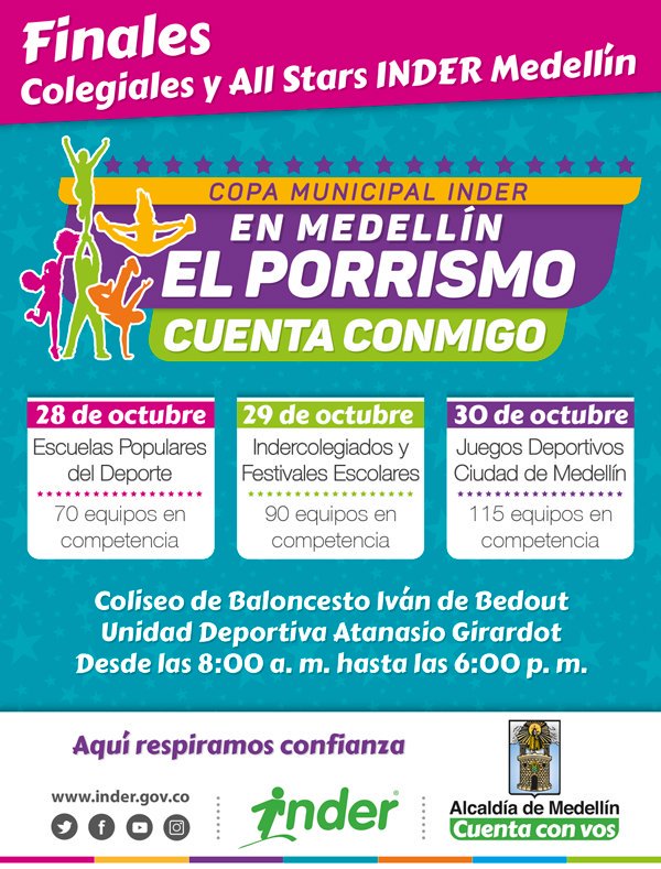 INDERMEDELLIN's tweet photo. Programate hoy con el INDER Medellín en las diferentes actividades que tiene para vos #porrismo #deporte #JDCM #recreación #actividadfisica https://t.co/xj8DFRHVeU