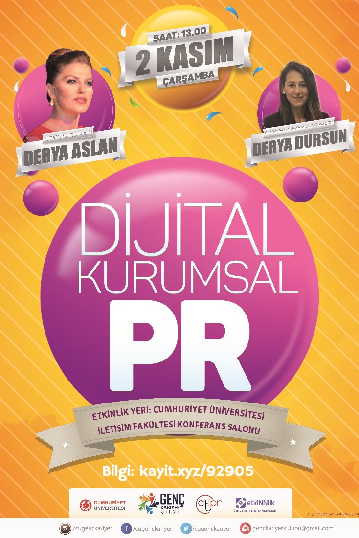 Dijital ve Kurumsal PR Konferansı 2 Kasım'da Cumhuriyet Üniversitesi'nde! Bilgi: kayit.xyz/92905 <a href="/cugenckariyer/">Genç Kariyer Kulübü</a> <a href="/cumunivkurumsal/">Sivas Cumhuriyet Üniversitesi</a>
