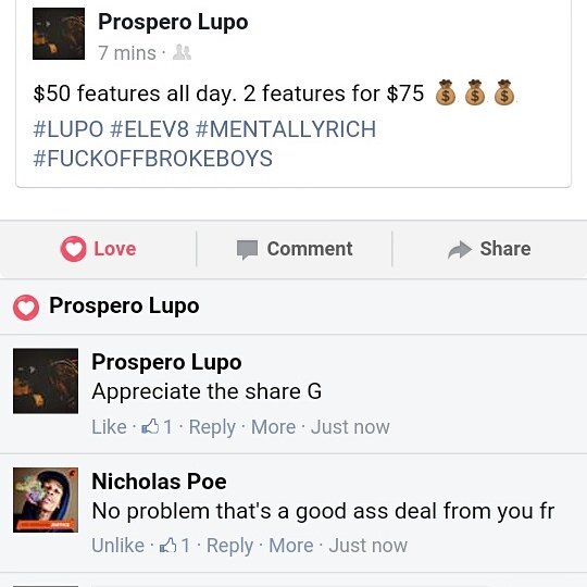 LupoProspero's tweet photo. $50 features all day. 2 features for $75 💰💰💰#LUPO #ELEV8 #MENTALLYRICH https://t.co/lrLK7XhxeE