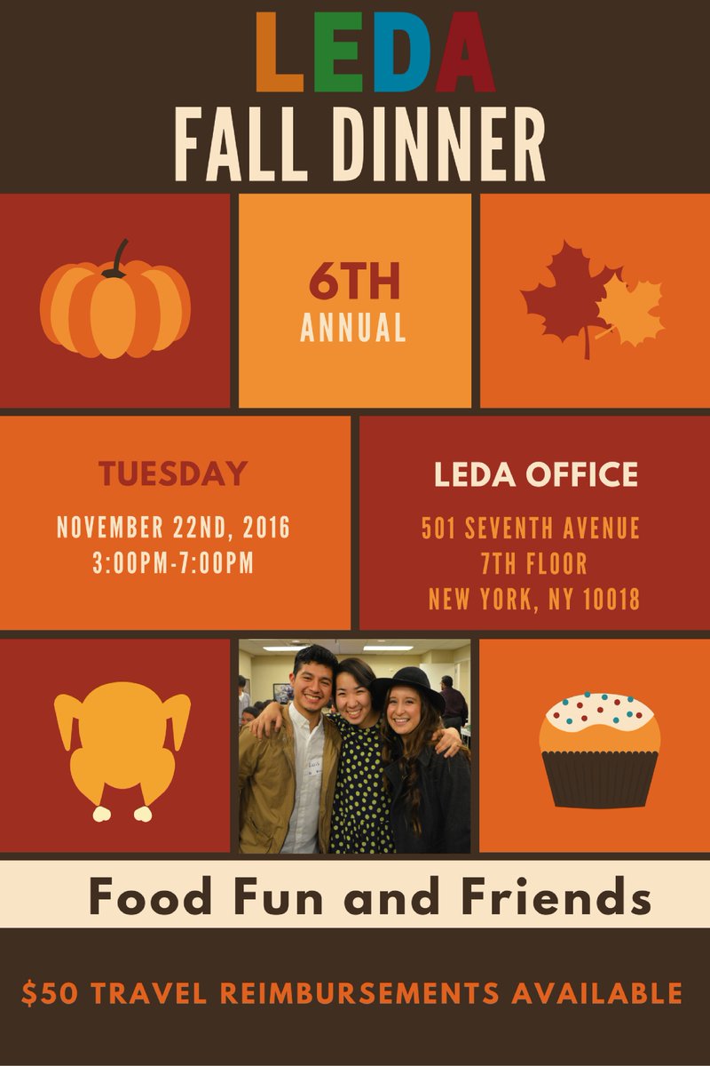 LEDA_Scholars's tweet photo. Hi LEDA Scholars, the annual #LEDAFallDinner will be at the #LEDAoffice in NYC on 11/22, 3-7 PM! Check Facebook for RSVPs and more details. https://t.co/OBX0I7GJVZ