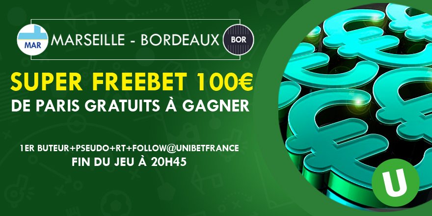 UnibetFrance's tweet image. 💥SUPER FREEBET💥
Pronostiquez 💪 le nom du premier buteur ⚽️ de #OMFCGB pour gagner le 💶Super #Freebet 💶 de 100€ 😱 ! 
#TeamParieur