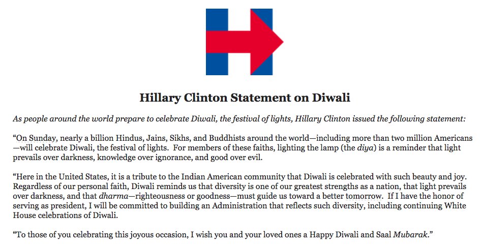 HillaryClinton's tweet photo. “To those of you celebrating this joyous occasion, I wish you and your loved ones a Happy Diwali and Saal Mubarak.” —Hillary https://t.co/z1QoaKr58k