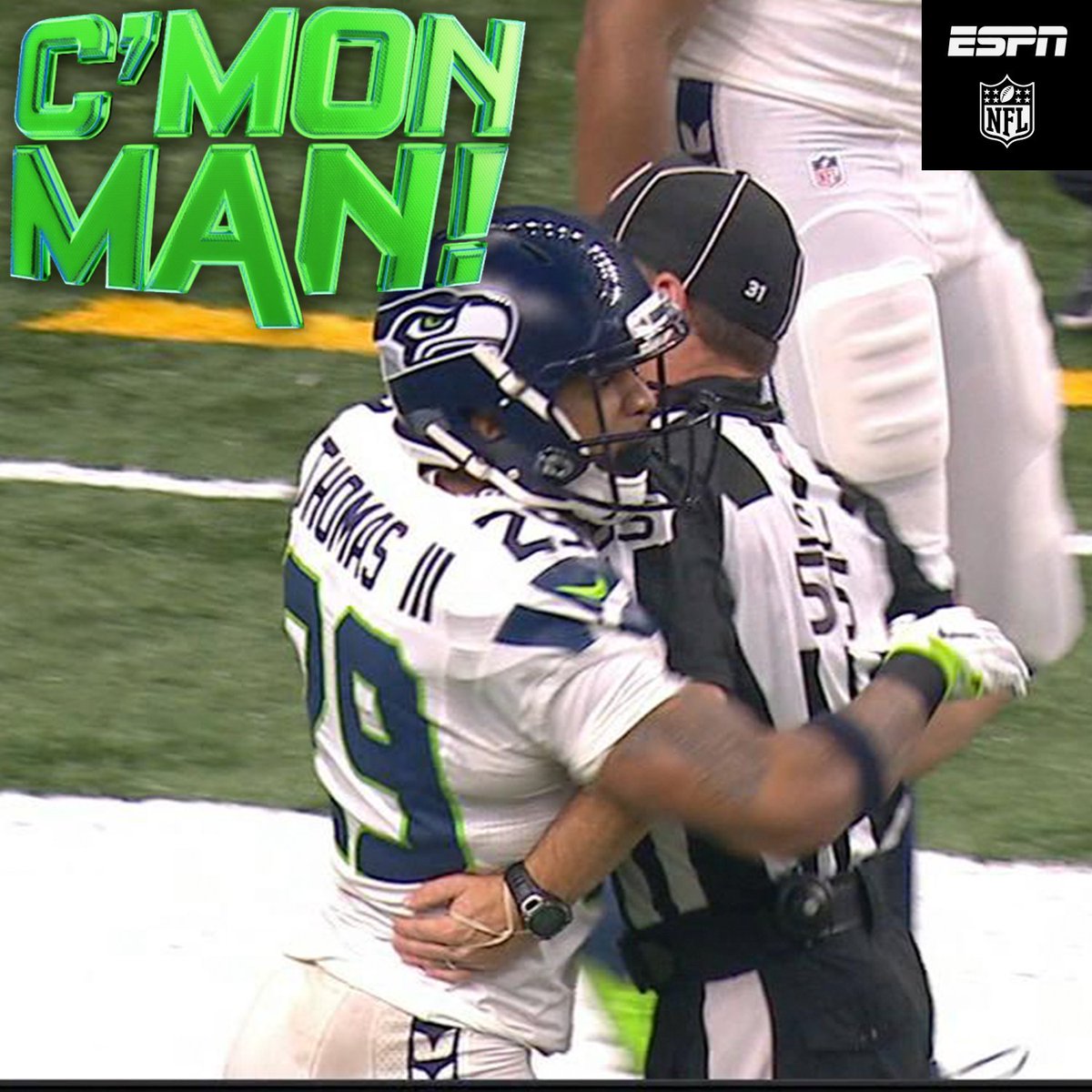 ESPNNFL's tweet photo. Earl Thomas hugs the ref and draws a flag. #CmonMan https://t.co/9XWdfGqIpr