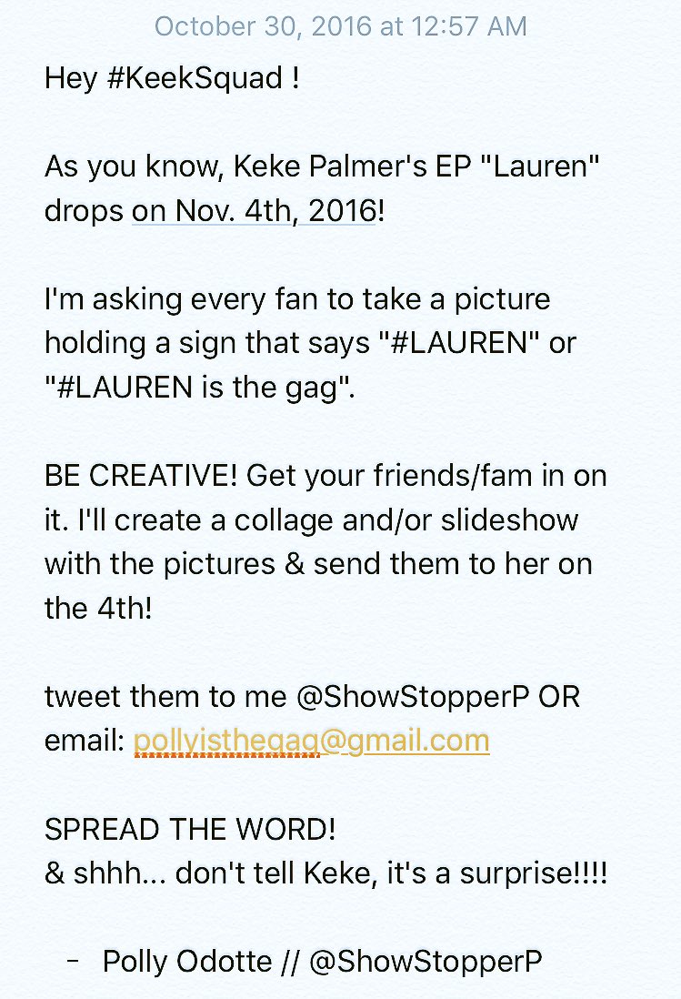 ShowStopperP's tweet photo. Hey #KeekSquad, let's do something special to support Keke's EP release!
Shhh, it's a surprise so don't tell her! ❤️️ #loveisthegag #Lauren https://t.co/dZZiolrAAb