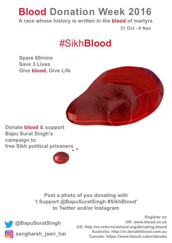 manjkaur21's tweet image. Support @bapusuratsingh's campaign #FreeSikhPoliticalPrisoners donate #SikhBlood save lives