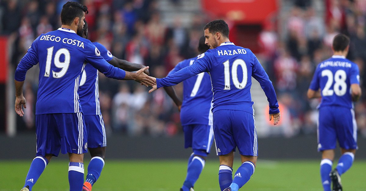 premierleague's tweet image. Diego Costa and Eden Hazard keep Chelsea on League leaders' heels. #CHESOU report: preml.ge/UrIR33