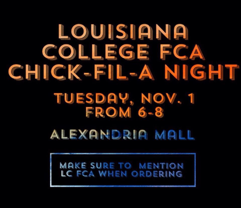 mstine22's tweet photo. Louisiana college Fca is raising money to send people to college athlete retreat so please go by chic fil a Tuesday night and help us out! https://t.co/bXOI4ZMbzj