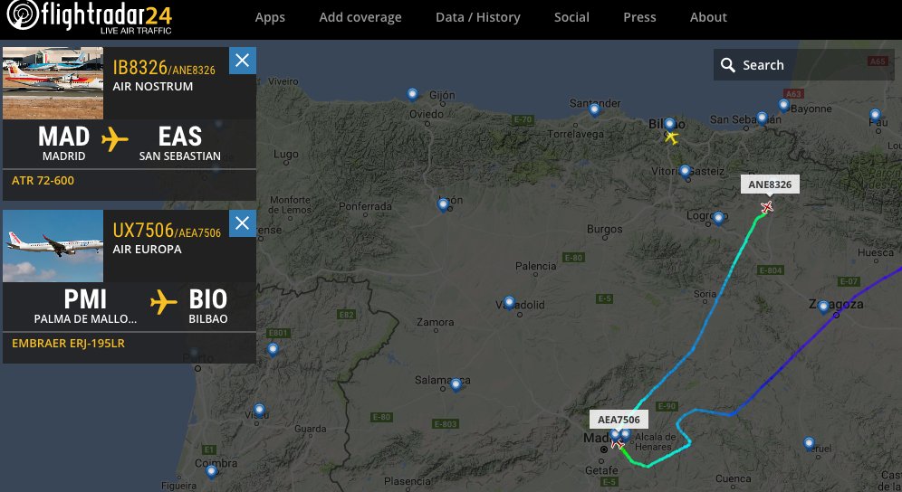 aviationnews24h's tweet photo. Update: @Iberia #IB8326 is diverting to Pamplona and @AirEuropa #UX7506 is diverting to Madrid due to bad weather in Bilbao/San Sebastian. https://t.co/OOIdDhDX7G