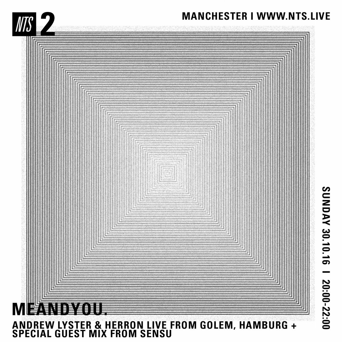 NTSlive's tweet photo. The @meandyoumcr show live now on stream 2 with guest mix from Sensu and Herron &amp; Andrew Lyster live from Golem Hamburg. https://t.co/HGbeCyDV5q