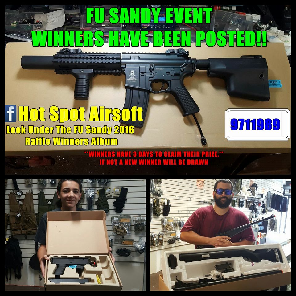 HotSpotAirsoft's tweet image. The winners have been chosen!! Check the FU Sandy 2016 Raffle Winners album to see if you won! 
#hotspotairsoft #fusandy #raffle #freestuff