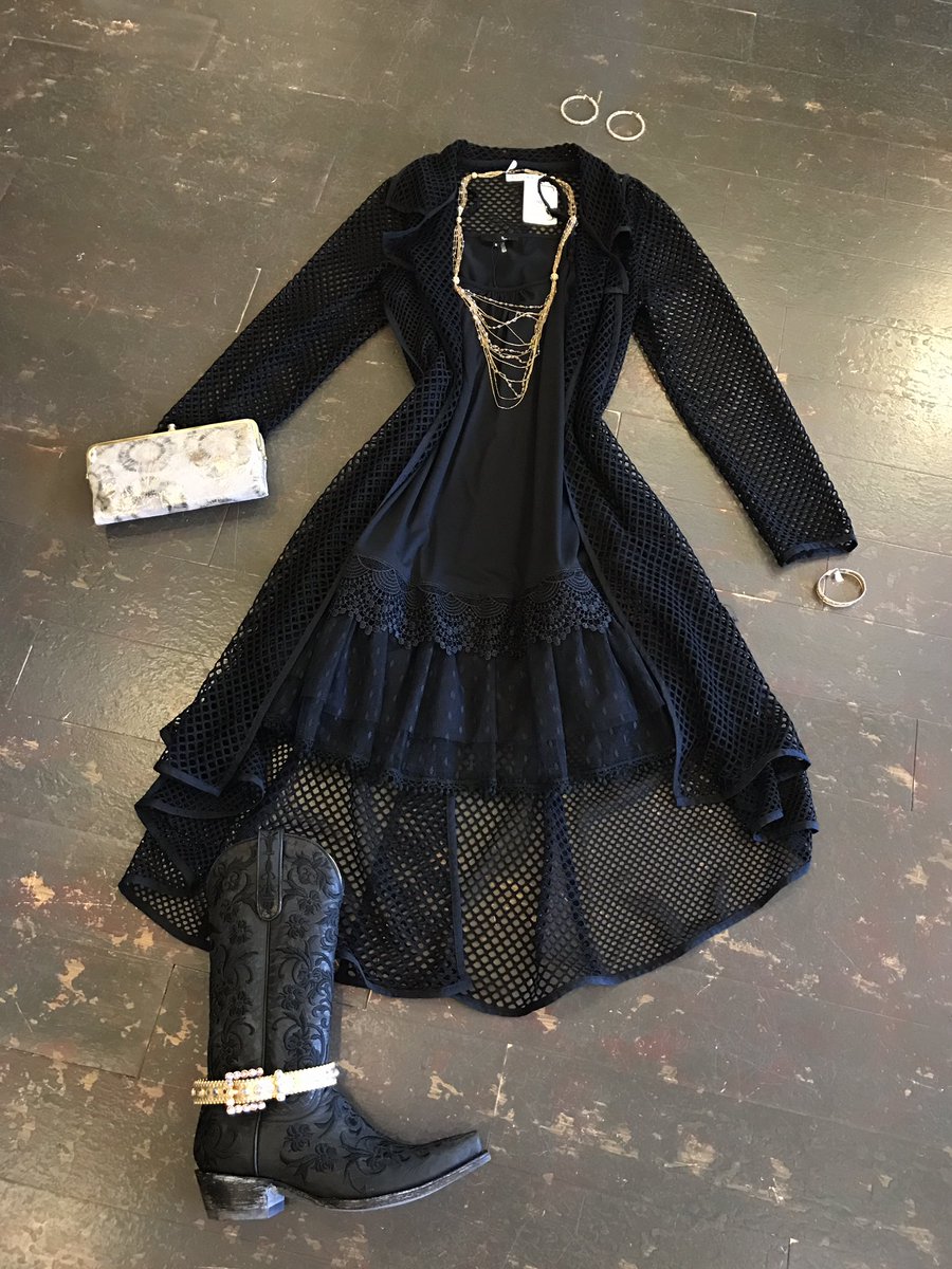 JudithLees's tweet photo. Can you resist a black outfit? We sure can't! Don't forget to accessorize! #adore #hobo #oldgringoboots #jimmycrystal #chanluu #silver&amp;lace https://t.co/TXpHF2ThoB
