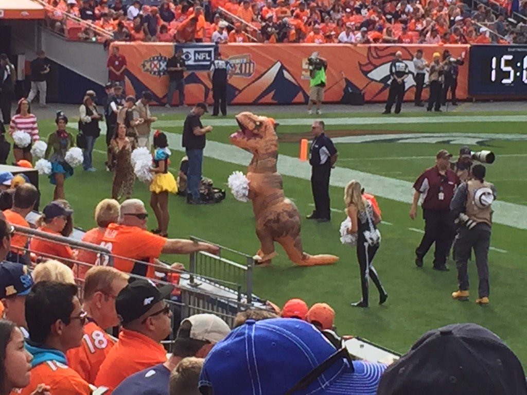 Denver Broncos T Rex cheerleader is killing it! My new Bronco hero!!! <a href="/Broncos/">Denver Broncos</a> <a href="/BroncosCheer/">Broncos Cheerleaders</a> <a href="/9NEWSSports/">9NEWS Sports Denver</a>