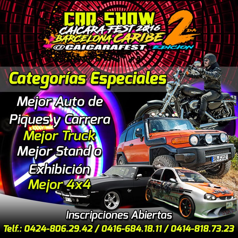 CaicaraFest's tweet photo. En #CaicaraFest vamos a premiar a todos #CategoriasEspeciales #MejorTruck #MejorCarroDePiquedeAsfalto y mas #bna https://t.co/9oj2ICzn8f