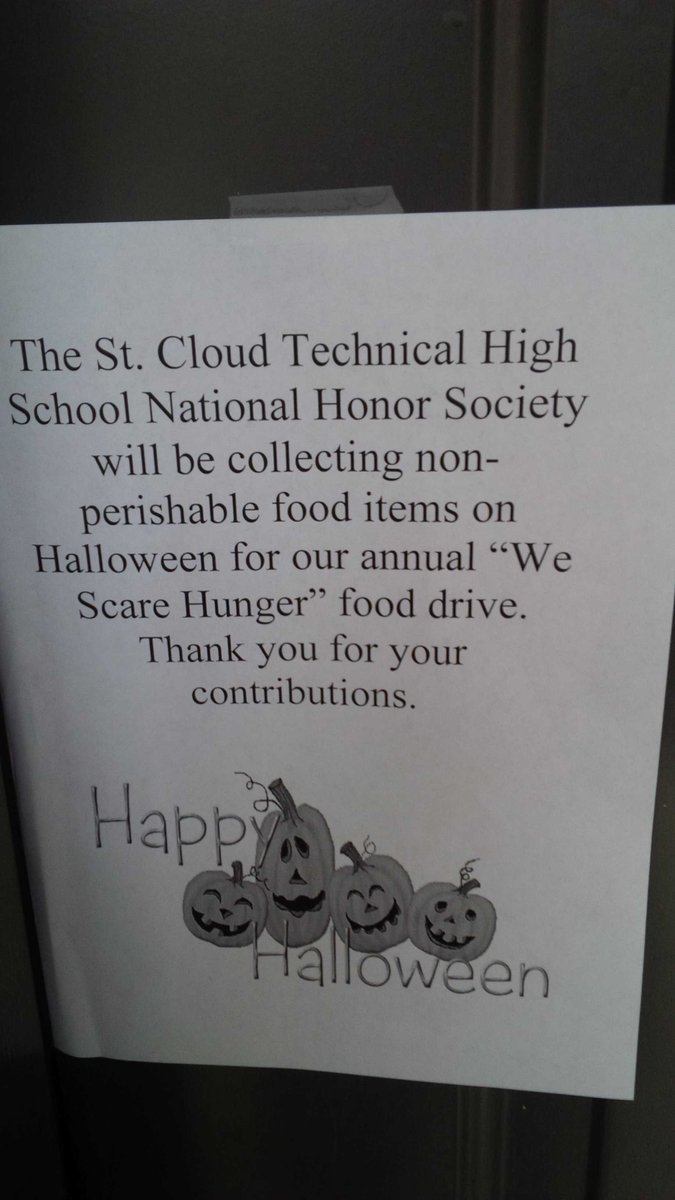 ITC_Crypto0's tweet photo. #stcloudmn #halloween reminder the @isd742 #stcloudTECH NHS is collecting food donations for #wescarehunger campaign https://t.co/DigNAHRQGE