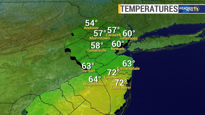 MichelePowersWx's tweet photo. Big difference from north to south 7pm. #fallingtemperatures tonight for #NJ. https://t.co/L188CWRTQR https://t.co/Euylnv2QIV