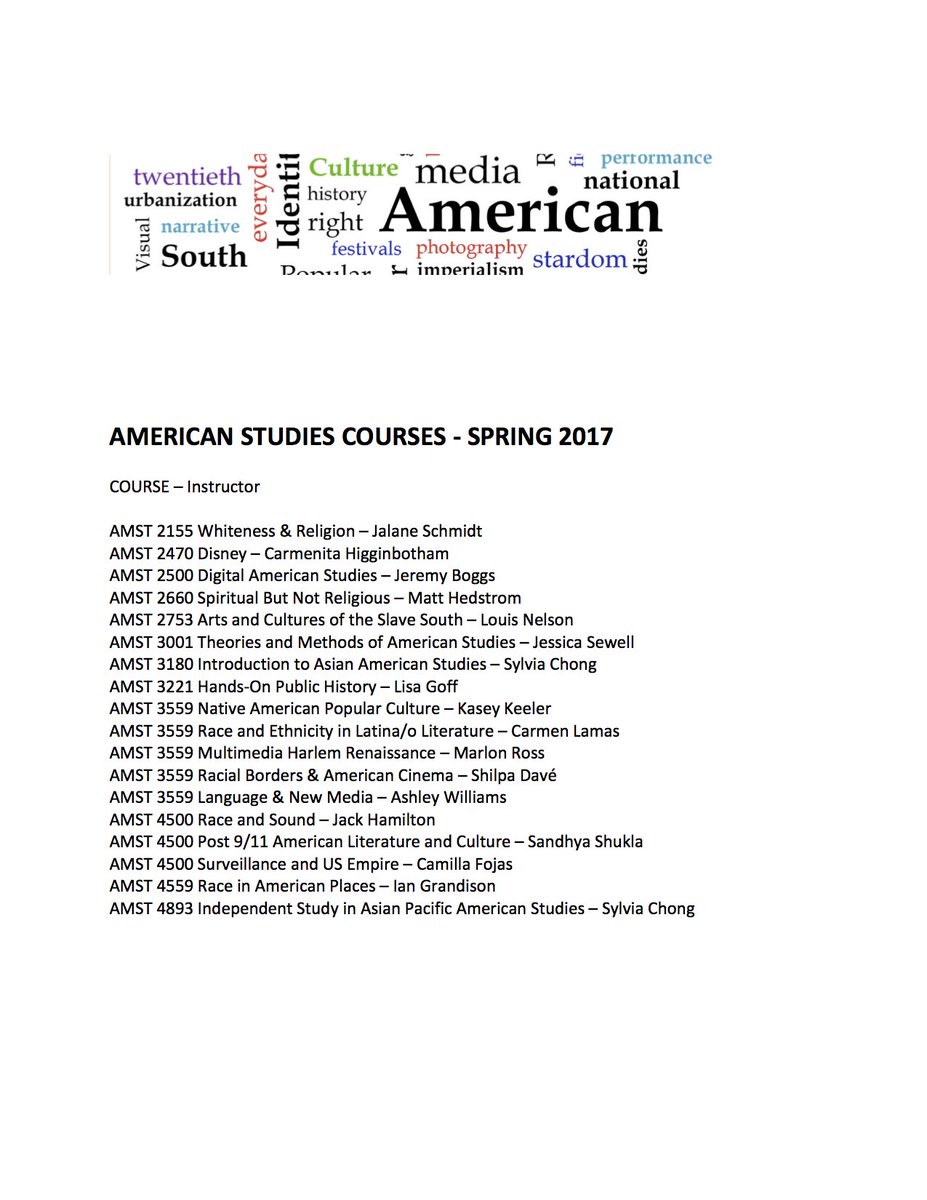 AMST_UVA's tweet photo. Looking for a fun class for next semester? We're offering classes in popular culture, race &amp; ethnicity studies, religion, and more! https://t.co/nRpCzcfEU4