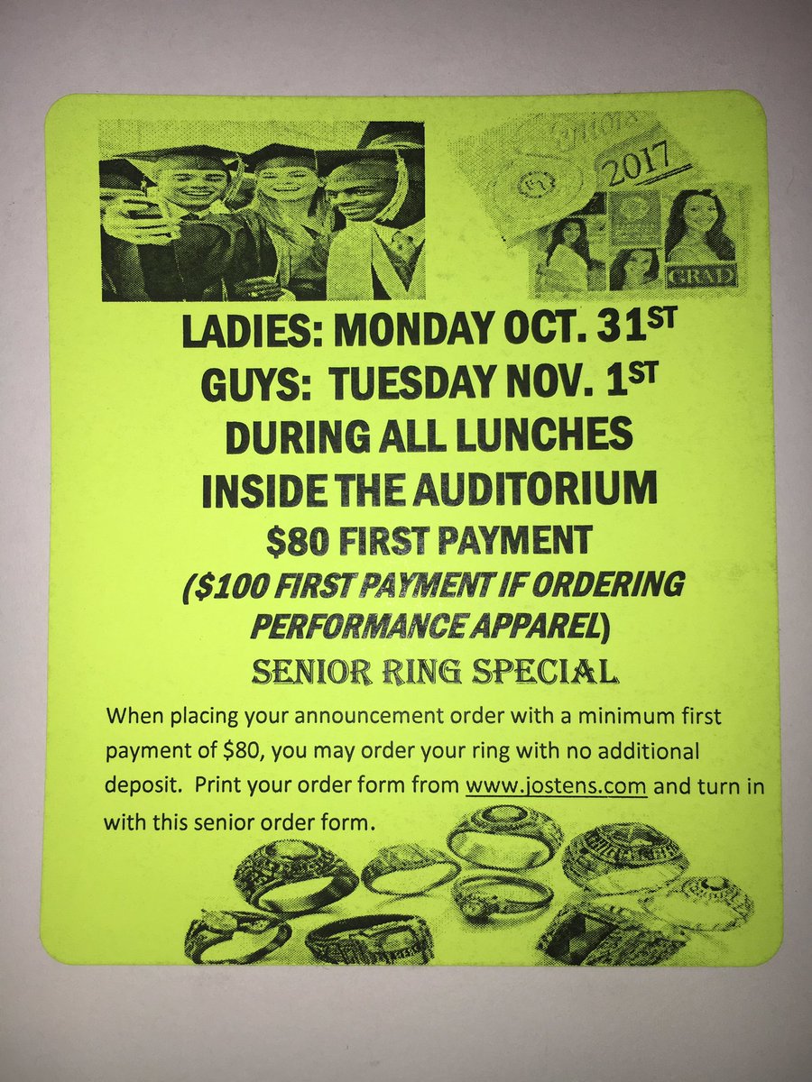 🚨SENIORS🚨
Jostens will be at school tomorrow for the girls and Tuesday for the boys! Don't forget to bring your money for the first payment!